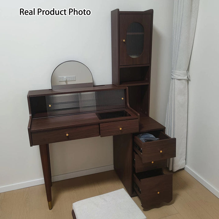 Contemporary Nordic Rectangular Plywood Rubberwood Acrylic Tempered Glass Extendable Makeup Vanity 5-Drawer For Bedroom