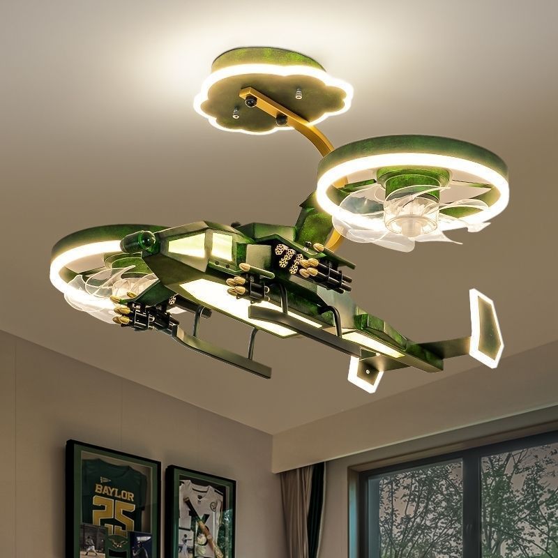 Contemporary Creative Kids Airplane Acrylic LED Flush Mount Ceiling Fan Light For Bedroom