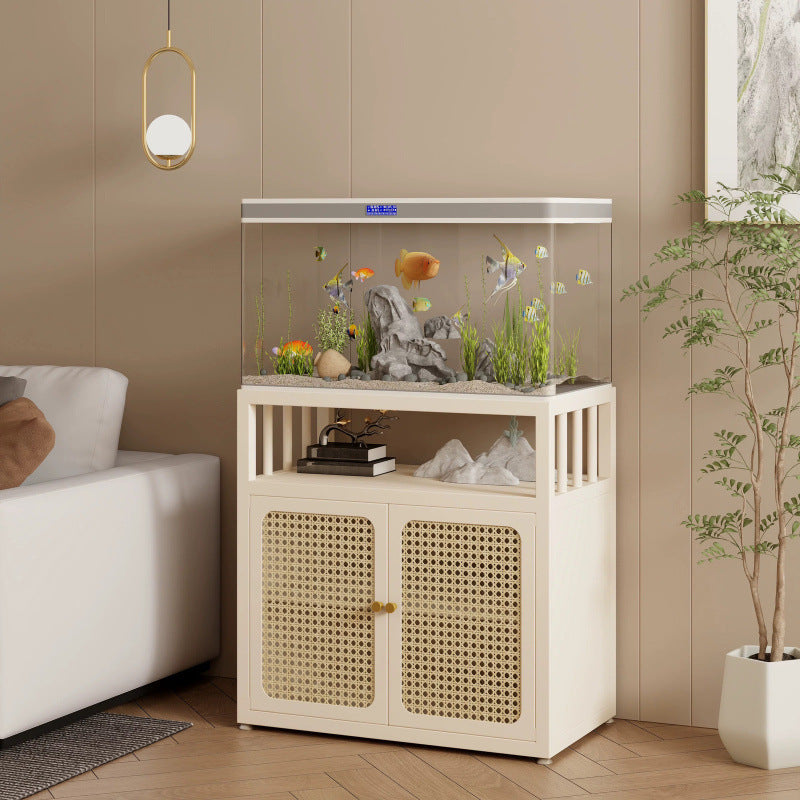 Traditional Chinese Square Carbon Steel Tempered Glass PE Rattan Side Table 1-Cabinet 1-Tier For Living Room