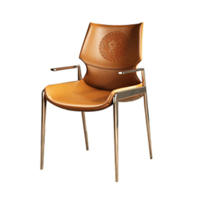 Chaise de salle à manger moderne en cuir PU à surface carrée incurvée avec dossier et accoudoirs en acier inoxydable pour salle à manger 