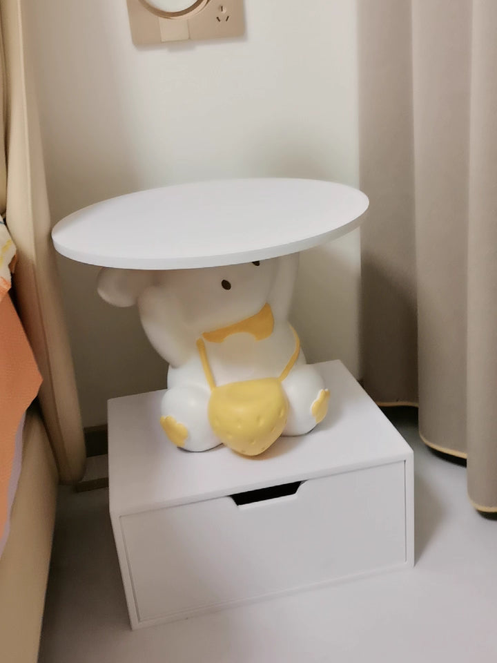 Table de chevet Art Déco Moderne pour enfants avec assiette ronde en forme de lapin, tiroir rectangulaire en résine, bois, émail, 1 tiroir avec lumière LED pour chambre 