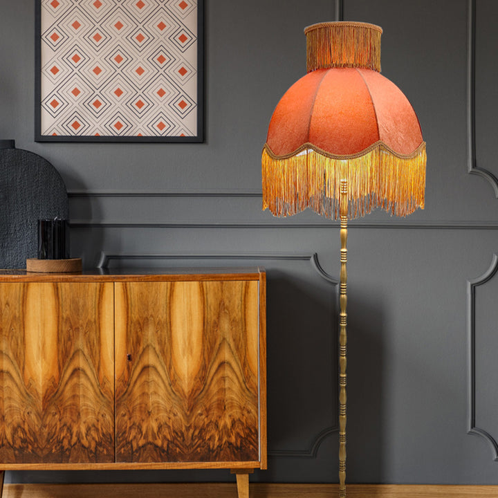 Lámpara de pie de 1 luz de cobre con tela de borla semicircular cilíndrica vintage tradicional para sala de estar 
