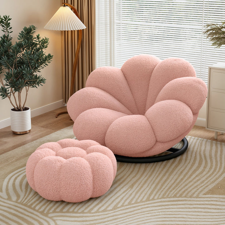 Chaise longue pivotante en laine d'agneau nordique contemporaine en acier au carbone en forme de pétale avec dossier et repose-pieds pour salon et chambre 