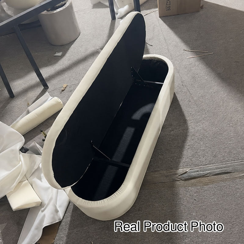 Banco de almacenamiento ovalado contemporáneo nórdico de madera contrachapada, cuero sintético y acero al carbono con respaldo para dormitorio y recibidor 