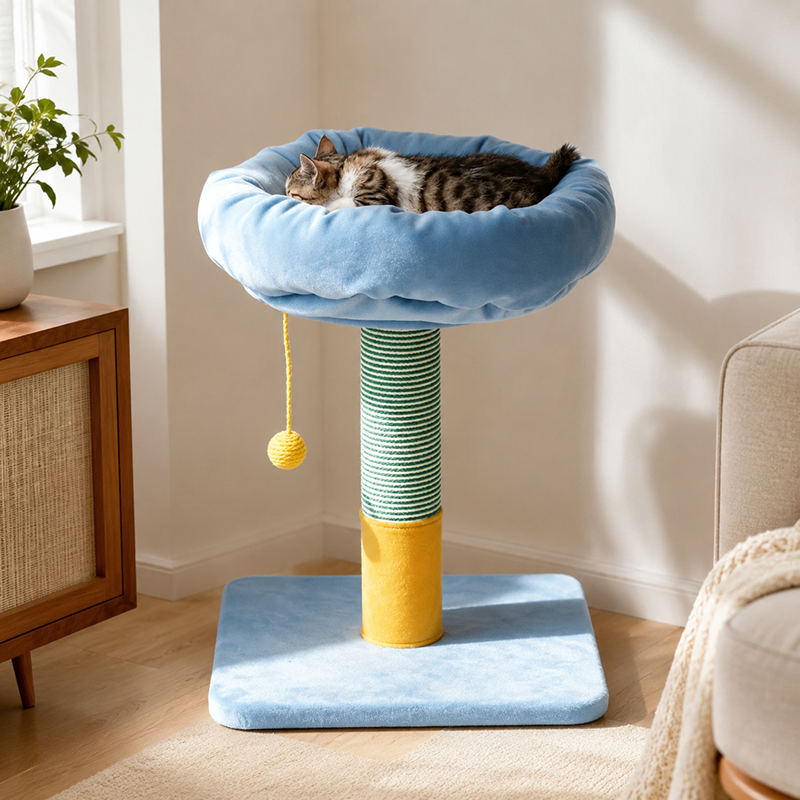 Árbol rascador pequeño para gatos estilo nórdico crema - torre para gatos con estructura de tablero de partículas, terciopelo y pelota colgante de sisal para sala de estar 