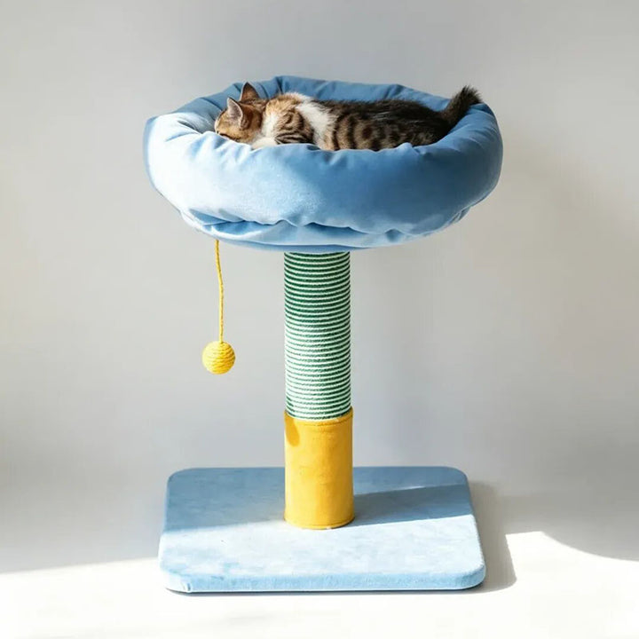 Árbol rascador pequeño para gatos estilo nórdico crema - torre para gatos con estructura de tablero de partículas, terciopelo y pelota colgante de sisal para sala de estar 