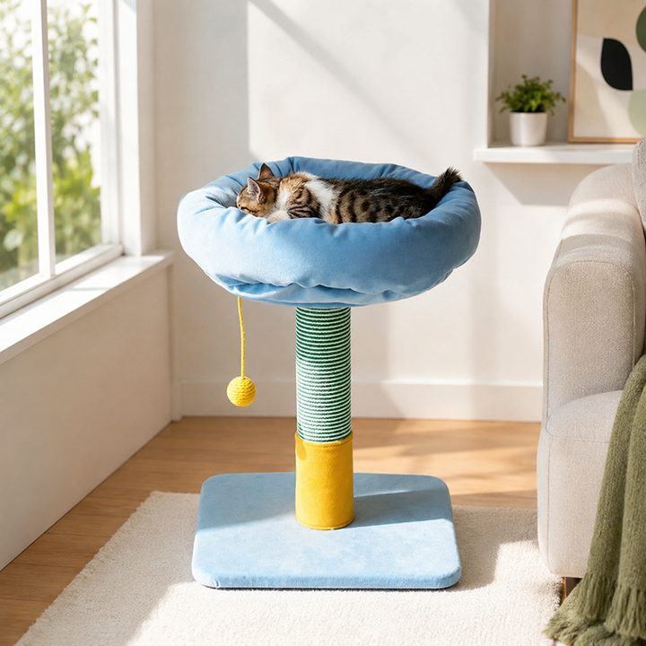 Árbol rascador pequeño para gatos estilo nórdico crema - torre para gatos con estructura de tablero de partículas, terciopelo y pelota colgante de sisal para sala de estar 