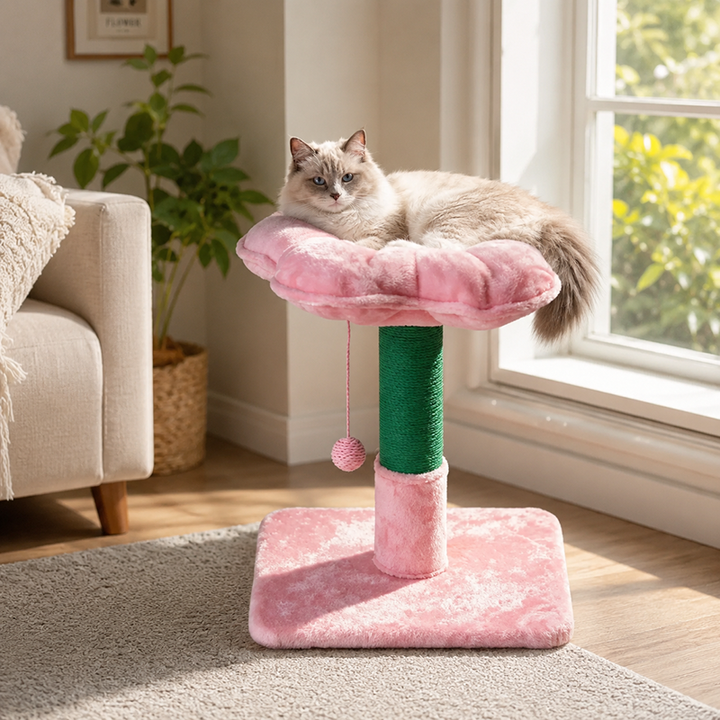 Nordic Cute Pink Flower Cat Tower - Particle Board Frame Soft Velvet Cat Perch Scratching Post Cat Tree For Living Room
