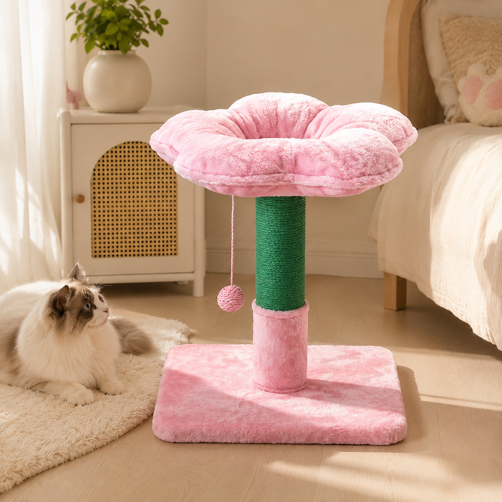 Nordic Cute Pink Flower Cat Tower - Particle Board Frame Soft Velvet Cat Perch Scratching Post Cat Tree For Living Room