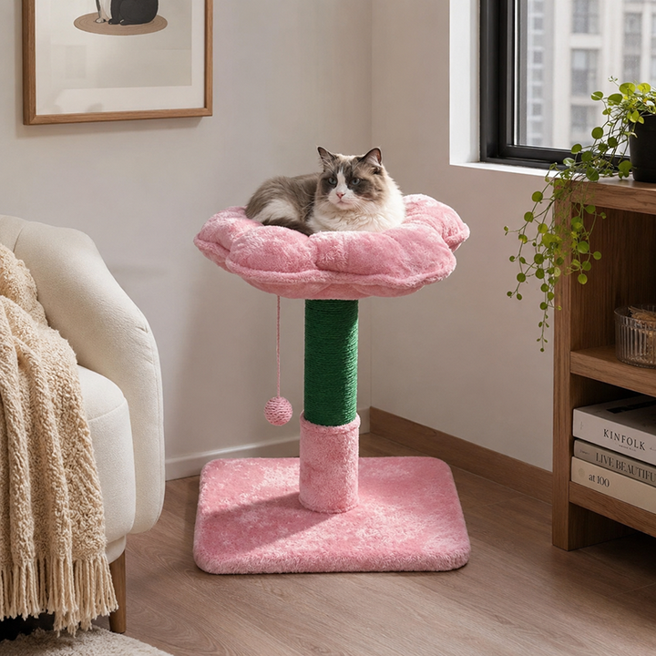Nordic Cute Pink Flower Cat Tower - Particle Board Frame Soft Velvet Cat Perch Scratching Post Cat Tree For Living Room