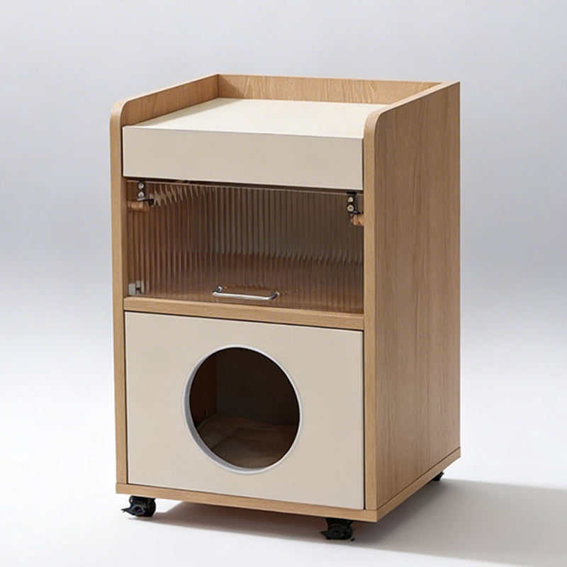Modern Minimalist Human-Cat Shared Multifunctional Nightstand - Fluted Acrylic Door &amp; Hidden Cat Condo Bedside Table For Bedroom