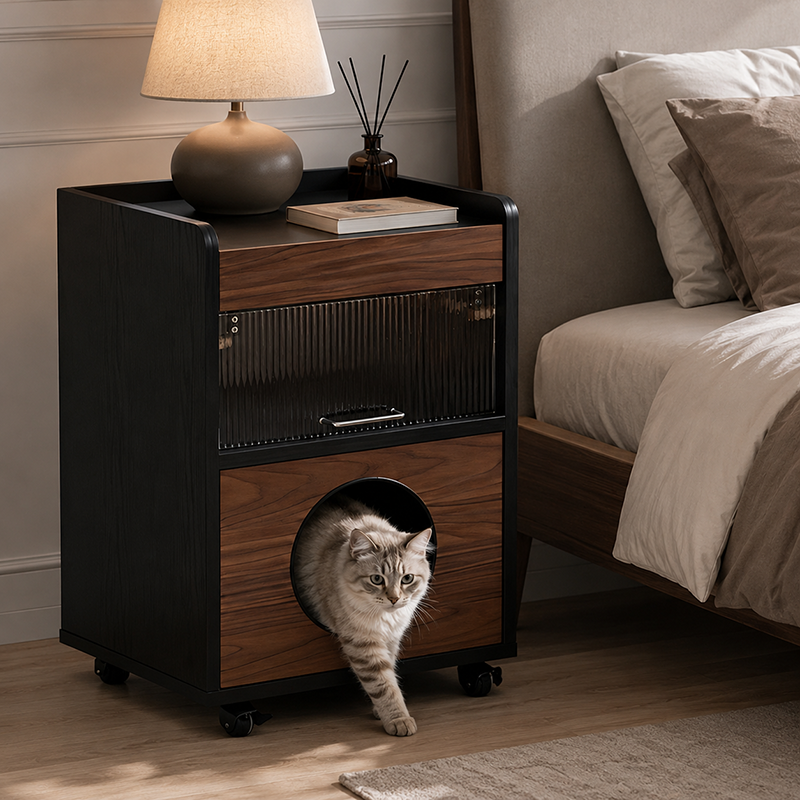 Modern Minimalist Human-Cat Shared Multifunctional Nightstand - Fluted Acrylic Door &amp; Hidden Cat Condo Bedside Table For Bedroom