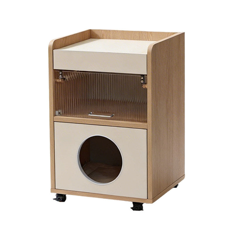 Modern Minimalist Human-Cat Shared Multifunctional Nightstand - Fluted Acrylic Door &amp; Hidden Cat Condo Bedside Table For Bedroom