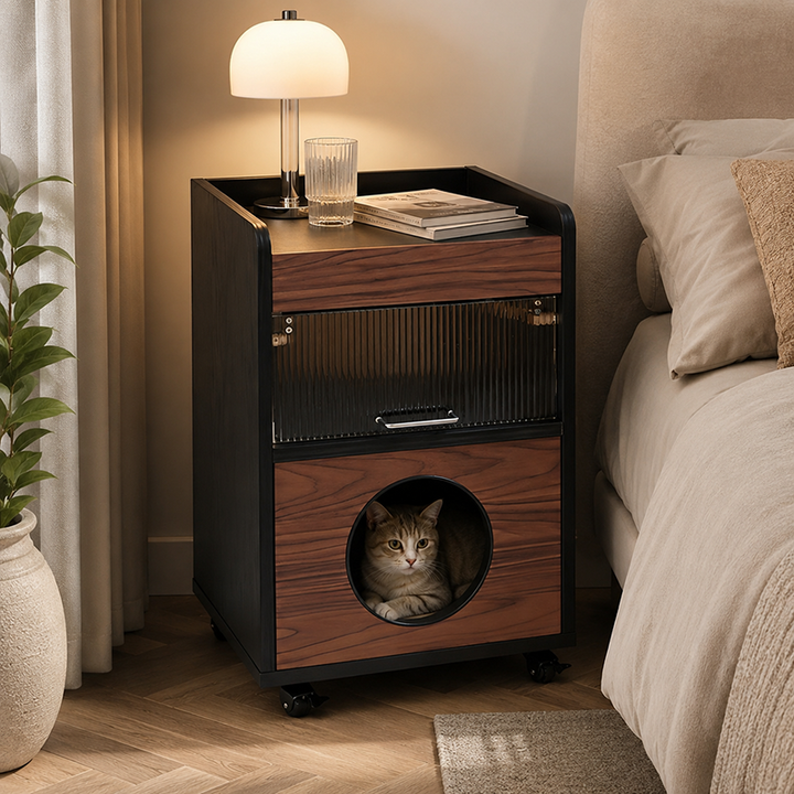 Modern Minimalist Human-Cat Shared Multifunctional Nightstand - Fluted Acrylic Door & Hidden Cat Condo Bedside Table For Bedroom