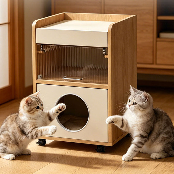 Modern Minimalist Human-Cat Shared Multifunctional Nightstand - Fluted Acrylic Door & Hidden Cat Condo Bedside Table For Bedroom