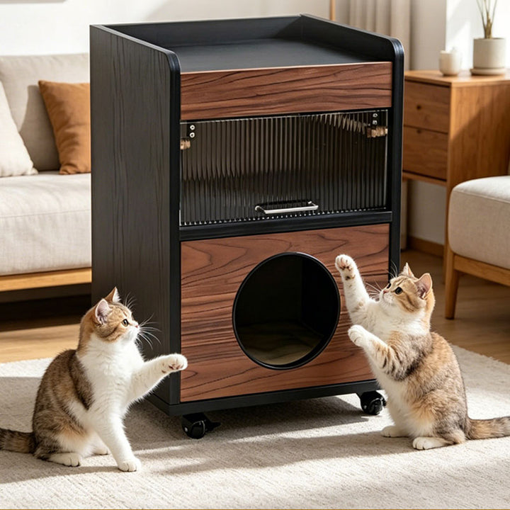 Modern Minimalist Human-Cat Shared Multifunctional Nightstand - Fluted Acrylic Door & Hidden Cat Condo Bedside Table For Bedroom