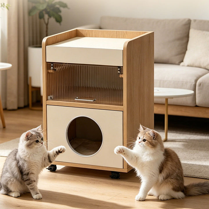 Modern Minimalist Human-Cat Shared Multifunctional Nightstand - Fluted Acrylic Door &amp; Hidden Cat Condo Bedside Table For Bedroom