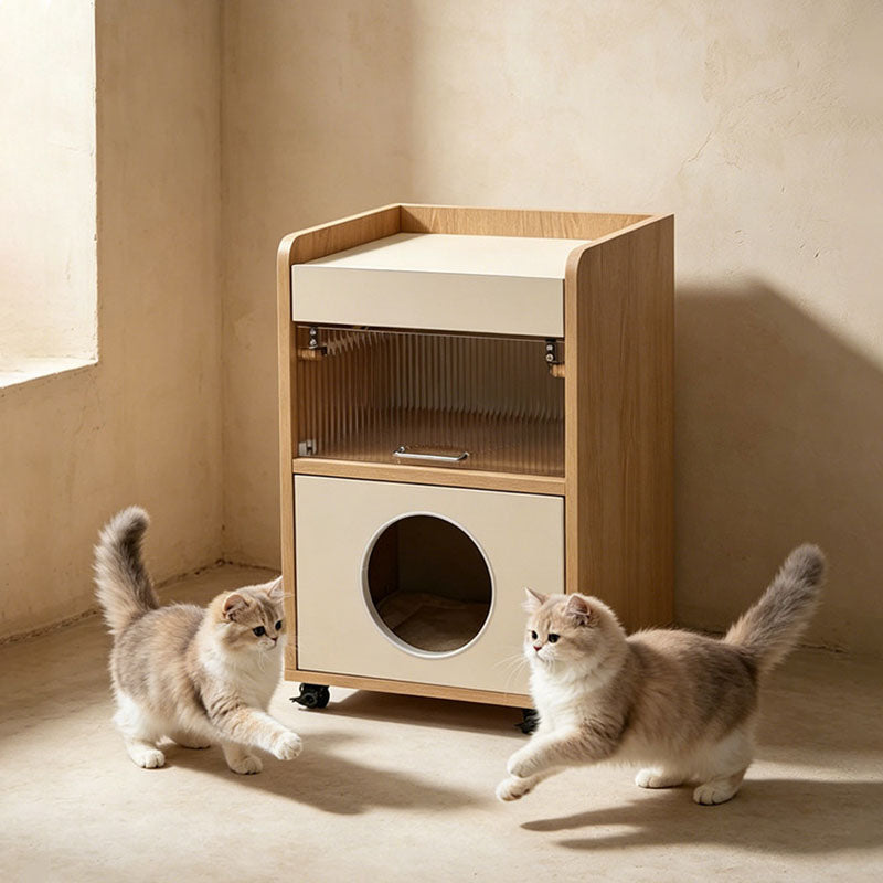 Modern Minimalist Human-Cat Shared Multifunctional Nightstand - Fluted Acrylic Door &amp; Hidden Cat Condo Bedside Table For Bedroom