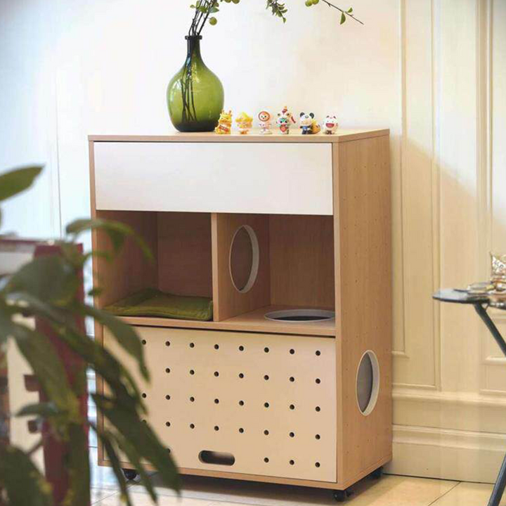 Modern Minimalist Cat Litter Box Furniture With Hidden Litter Box Cabinet And Cat Bed - Plywood Square Multifunctional Cat Furniture For Entryway