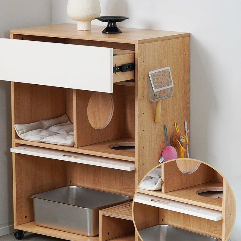 Modern Minimalist Cat Litter Box Furniture With Hidden Litter Box Cabinet And Cat Bed - Plywood Square Multifunctional Cat Furniture For Entryway