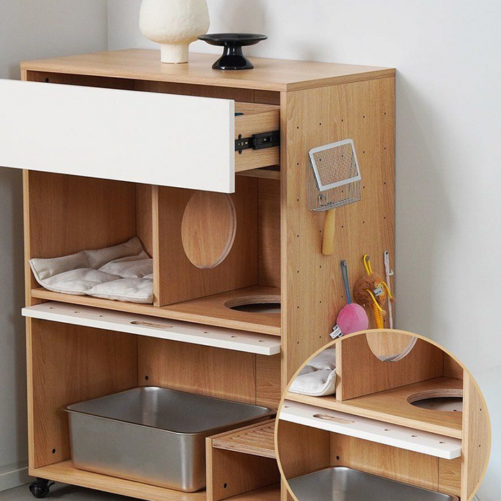 Modern Minimalist Cat Litter Box Furniture With Hidden Litter Box Cabinet And Cat Bed - Plywood Square Multifunctional Cat Furniture For Entryway