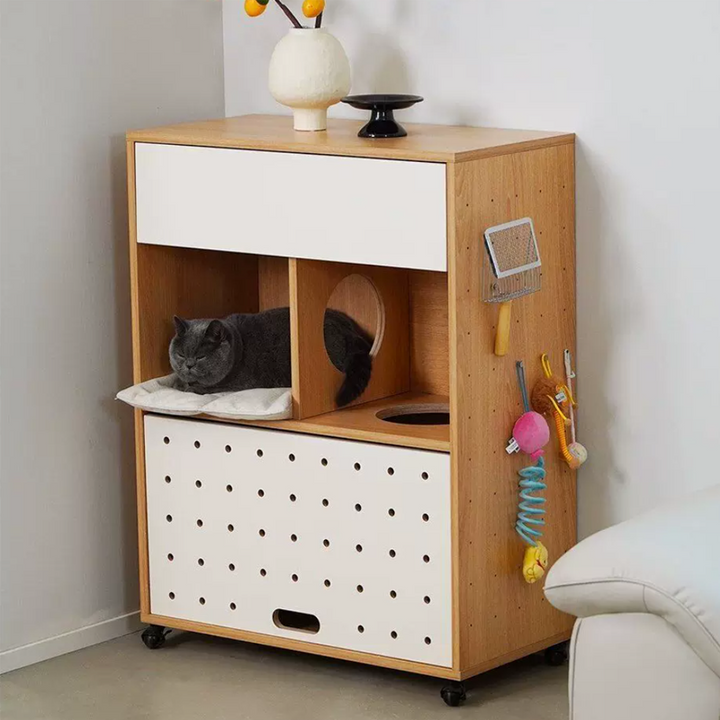 Modern Minimalist Cat Litter Box Furniture With Hidden Litter Box Cabinet And Cat Bed - Plywood Square Multifunctional Cat Furniture For Entryway