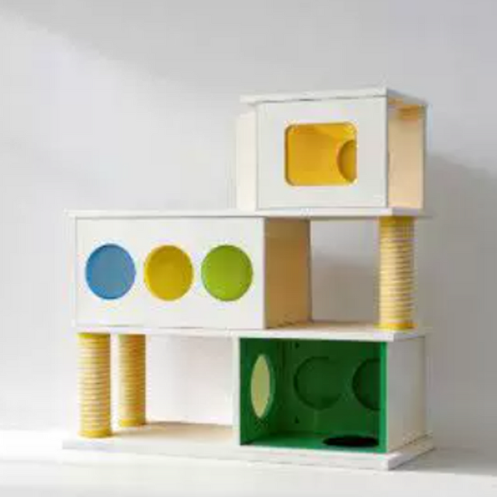 Contemporary Cat Litter Box Furniture With Colorful Acrylic Cat Tree - Creative Plywood Round Scratching Post Cat Bed For Entryway