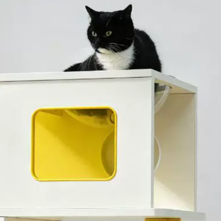 Contemporary Cat Litter Box Furniture With Colorful Acrylic Cat Tree - Creative Plywood Round Scratching Post Cat Bed For Entryway