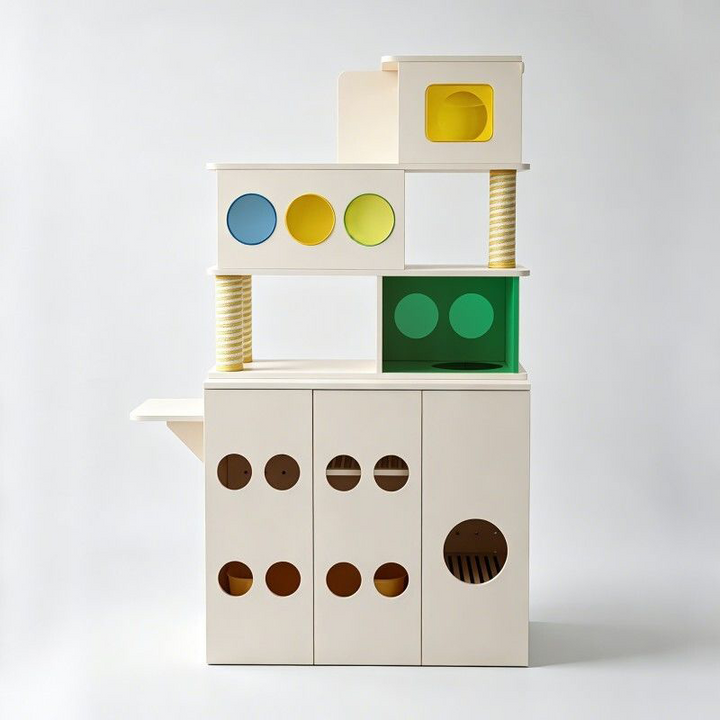 Contemporary Cat Litter Box Furniture With Colorful Acrylic Cat Tree - Creative Plywood Round Scratching Post Cat Bed For Entryway
