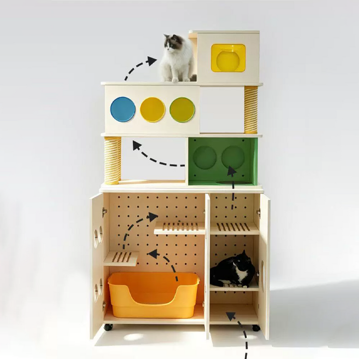 Contemporary Cat Litter Box Furniture With Colorful Acrylic Cat Tree - Creative Plywood Round Scratching Post Cat Bed For Entryway