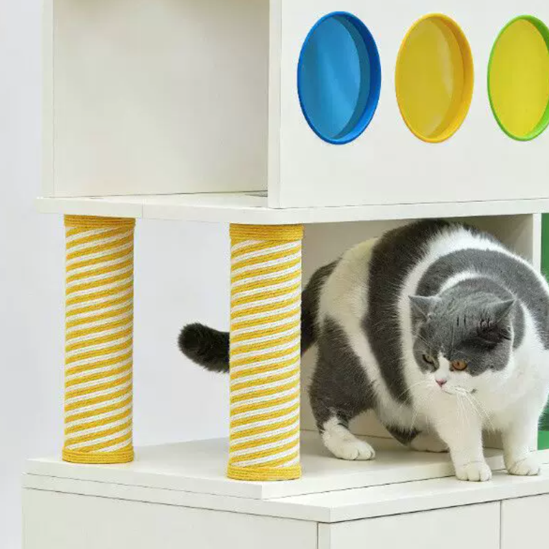 Contemporary Cat Litter Box Furniture With Colorful Acrylic Cat Tree - Creative Plywood Round Scratching Post Cat Bed For Entryway