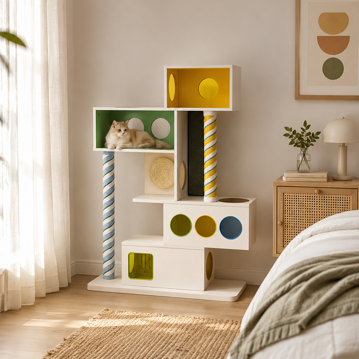 Contemporary Geometric Plywood Cat Furniture With Colorful Acrylic Panels - Creative Cat Houses Scratching Posts And Platforms For Entryway