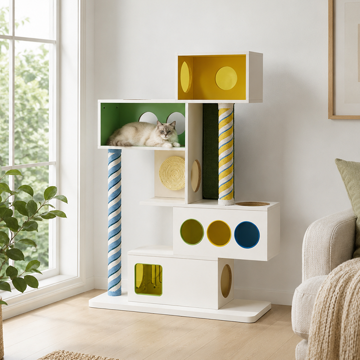 Contemporary Geometric Plywood Cat Furniture With Colorful Acrylic Panels - Creative Cat Houses Scratching Posts And Platforms For Entryway