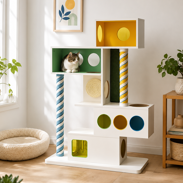 Contemporary Geometric Plywood Cat Furniture With Colorful Acrylic Panels - Creative Cat Houses Scratching Posts And Platforms For Entryway