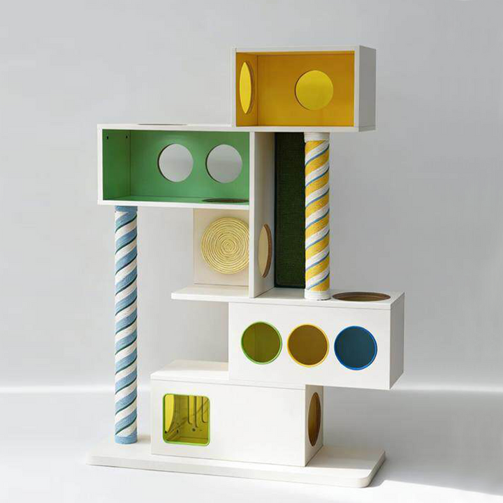 Contemporary Geometric Plywood Cat Furniture With Colorful Acrylic Panels - Creative Cat Houses Scratching Posts And Platforms For Entryway