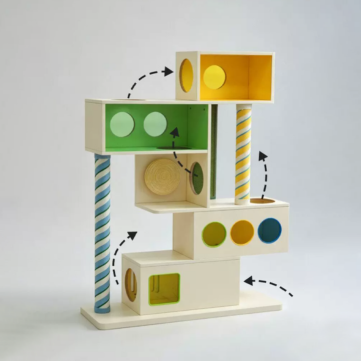 Contemporary Geometric Plywood Cat Furniture With Colorful Acrylic Panels - Creative Cat Houses Scratching Posts And Platforms For Entryway