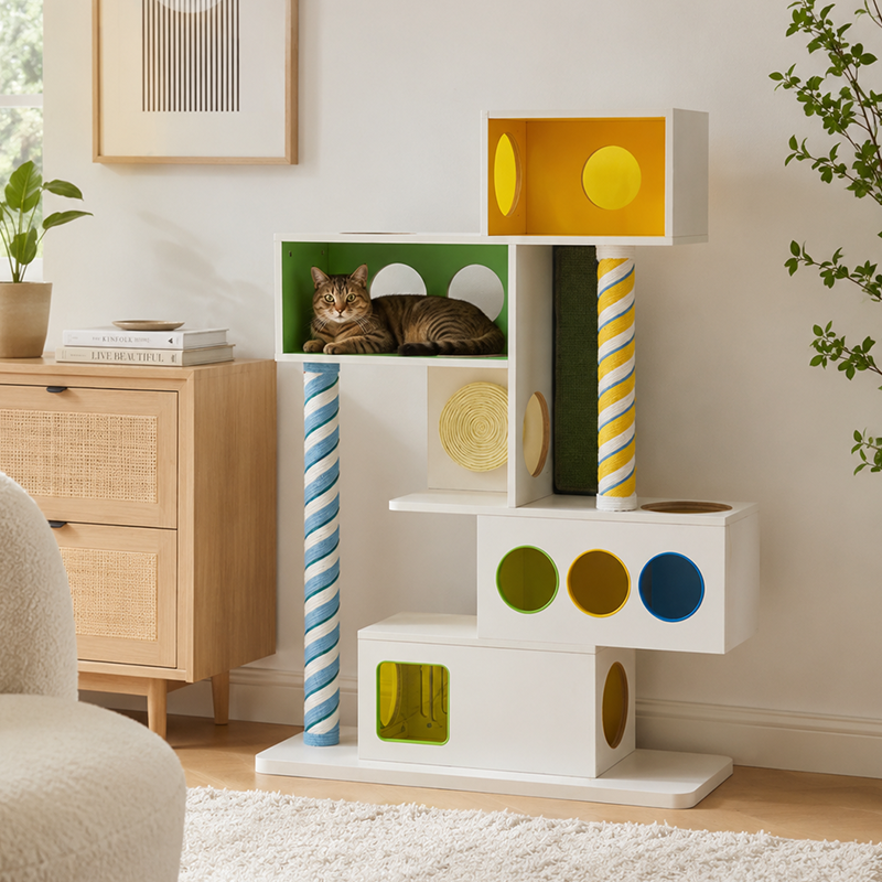 Contemporary Geometric Plywood Cat Furniture With Colorful Acrylic Panels - Creative Cat Houses Scratching Posts And Platforms For Entryway