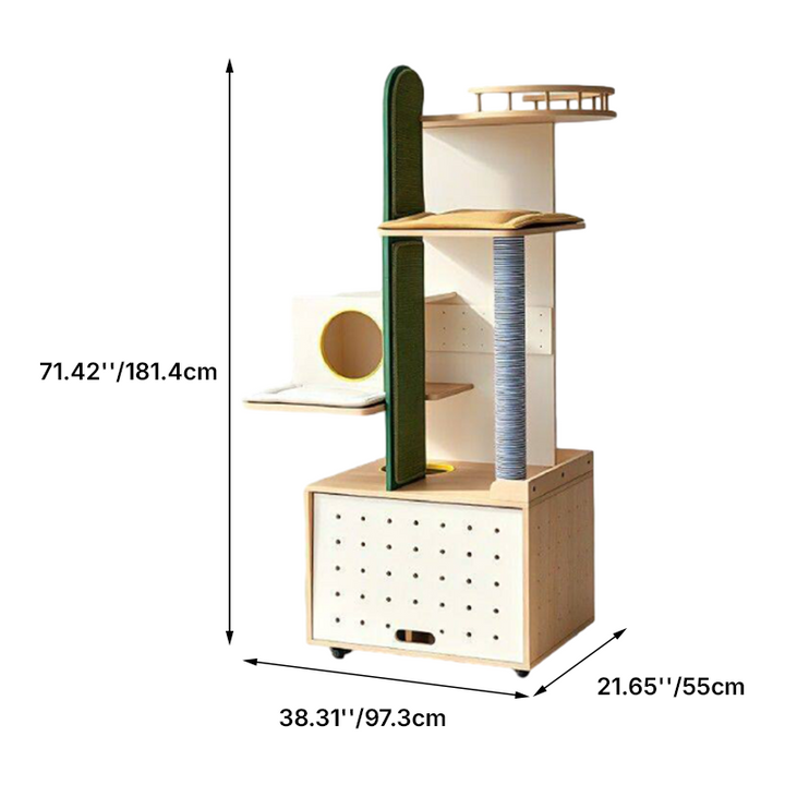 Contemporary Plywood Cat Tower With Cat Condo Scratching Wall - Creative Hidden Litter Box Cabinet Cat Tree For Entryway