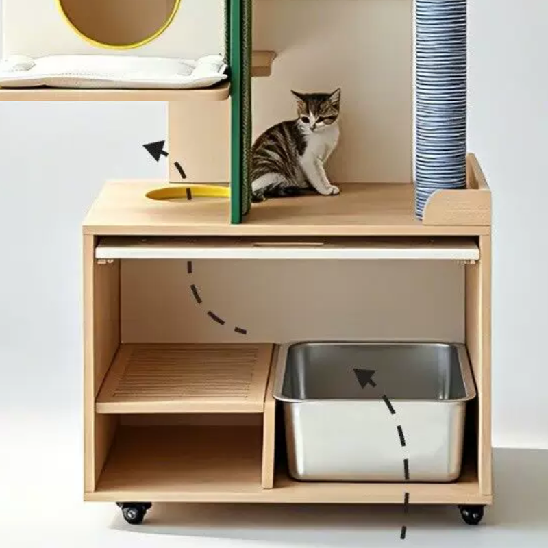 Contemporary Plywood Cat Tower With Cat Condo Scratching Wall - Creative Hidden Litter Box Cabinet Cat Tree For Entryway