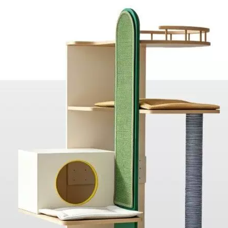 Contemporary Plywood Cat Tower With Cat Condo Scratching Wall - Creative Hidden Litter Box Cabinet Cat Tree For Entryway