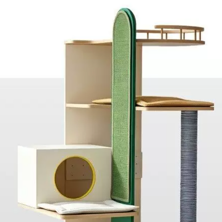 Contemporary Plywood Cat Tower With Cat Condo Scratching Wall - Creative Hidden Litter Box Cabinet Cat Tree For Entryway