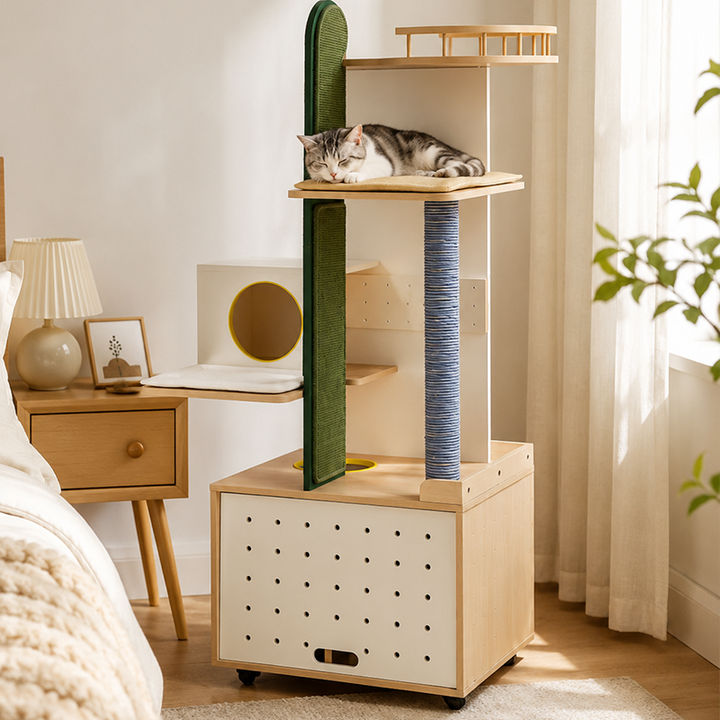 Contemporary Plywood Cat Tower With Cat Condo Scratching Wall - Creative Hidden Litter Box Cabinet Cat Tree For Entryway
