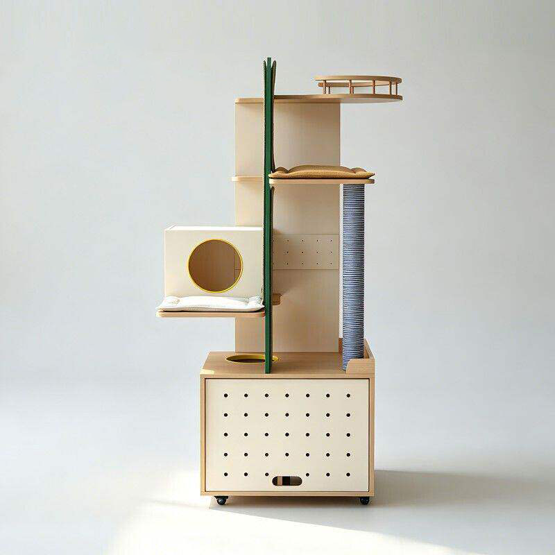 Contemporary Plywood Cat Tower With Cat Condo Scratching Wall - Creative Hidden Litter Box Cabinet Cat Tree For Entryway