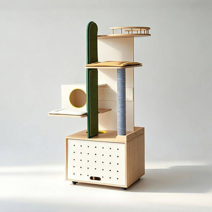 Contemporary Plywood Cat Tower With Cat Condo Scratching Wall - Creative Hidden Litter Box Cabinet Cat Tree For Entryway