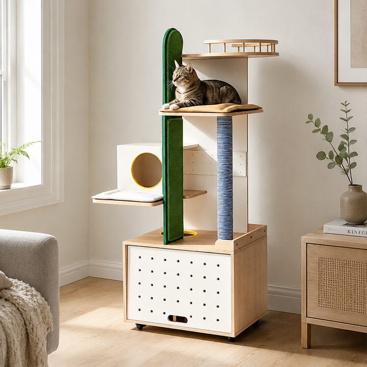 Contemporary Plywood Cat Tower With Cat Condo Scratching Wall - Creative Hidden Litter Box Cabinet Cat Tree For Entryway