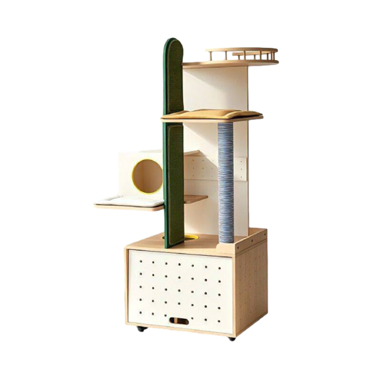 Contemporary Plywood Cat Tower With Cat Condo Scratching Wall - Creative Hidden Litter Box Cabinet Cat Tree For Entryway