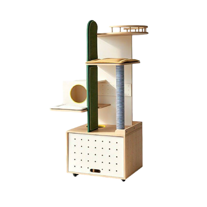Contemporary Plywood Cat Tower With Cat Condo Scratching Wall - Creative Hidden Litter Box Cabinet Cat Tree For Entryway