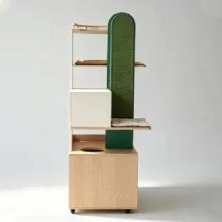 Contemporary Plywood Cat Tower With Cat Condo Scratching Wall - Creative Hidden Litter Box Cabinet Cat Tree For Entryway