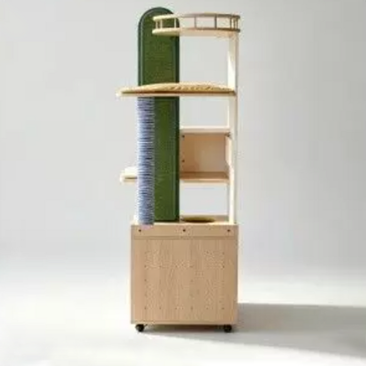 Contemporary Plywood Cat Tower With Cat Condo Scratching Wall - Creative Hidden Litter Box Cabinet Cat Tree For Entryway