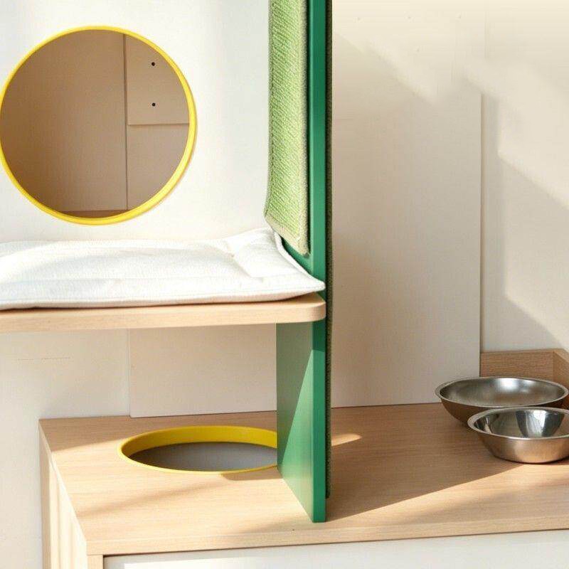Contemporary Plywood Cat Tower With Cat Condo Scratching Wall - Creative Hidden Litter Box Cabinet Cat Tree For Entryway